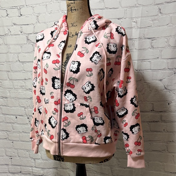 Fleischer Studios Tops - Betty Boop Fleischer Pink Zip Hoodie with Cartoon and Cherry Print front pockets